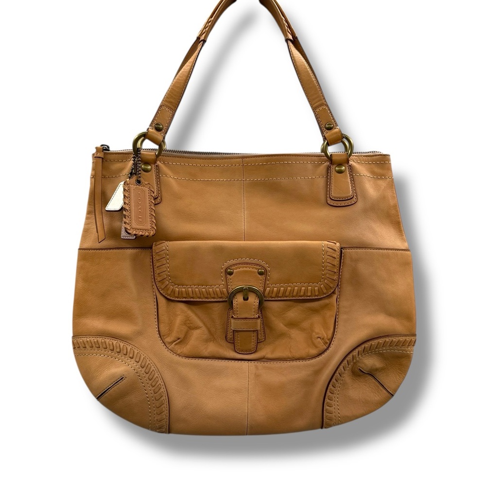 COACH Tan Leather Shoulder Bag‎ Front Buckle Pocket Dual Handles Classic Style